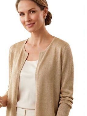 Talbots Metallic Gold Open-Front Crewneck Cardigan